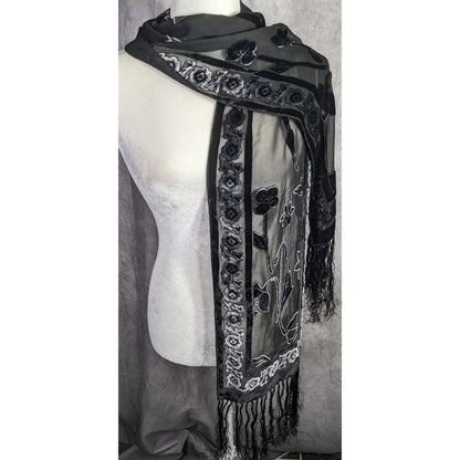 Vintage Gothic Burnt Velvet Floral Scarf With 7-Inch Fringe Trim Sheer Black Paneling
