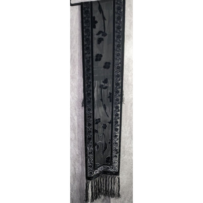 Vintage Gothic Burnt Velvet Floral Scarf With 7-Inch Fringe Trim Sheer Black Paneling