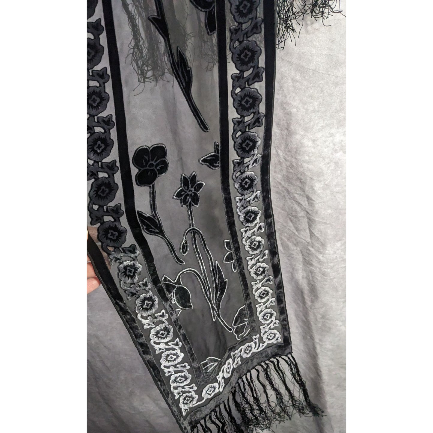 Vintage Gothic Burnt Velvet Floral Scarf With 7-Inch Fringe Trim Sheer Black Paneling