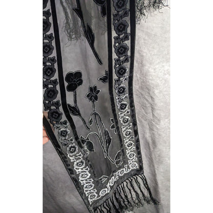 Vintage Gothic Burnt Velvet Floral Scarf With 7-Inch Fringe Trim Sheer Black Paneling