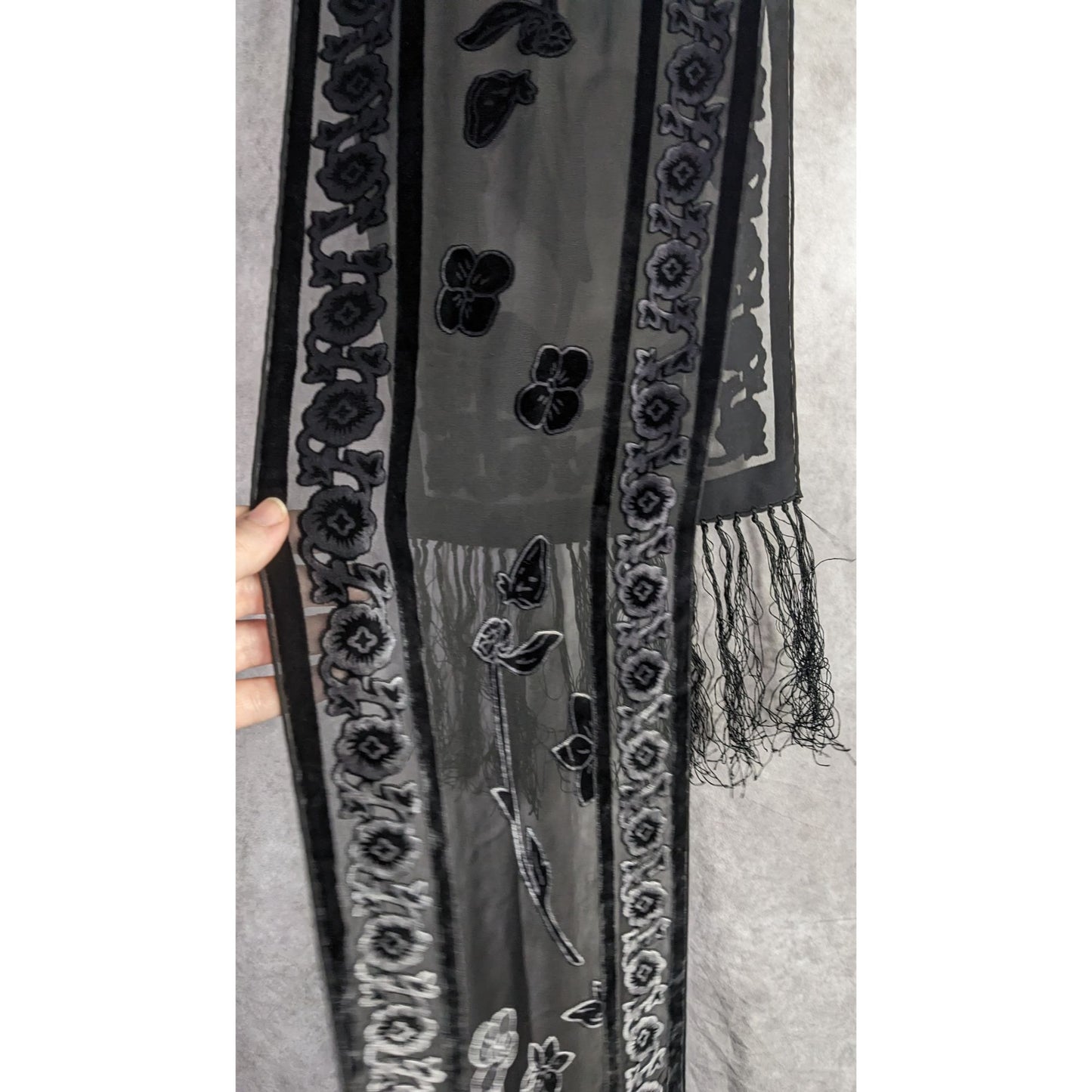 Vintage Gothic Burnt Velvet Floral Scarf With 7-Inch Fringe Trim Sheer Black Paneling
