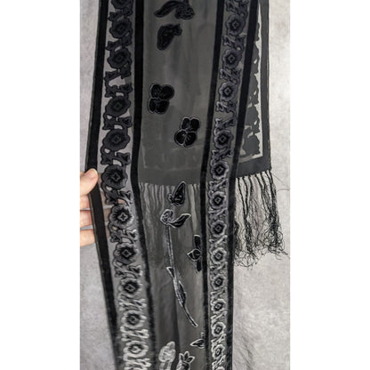 Vintage Gothic Burnt Velvet Floral Scarf With 7-Inch Fringe Trim Sheer Black Paneling