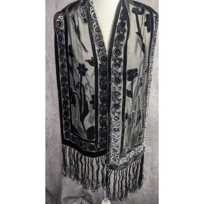 Vintage Gothic Burnt Velvet Floral Scarf With 7-Inch Fringe Trim Sheer Black Paneling