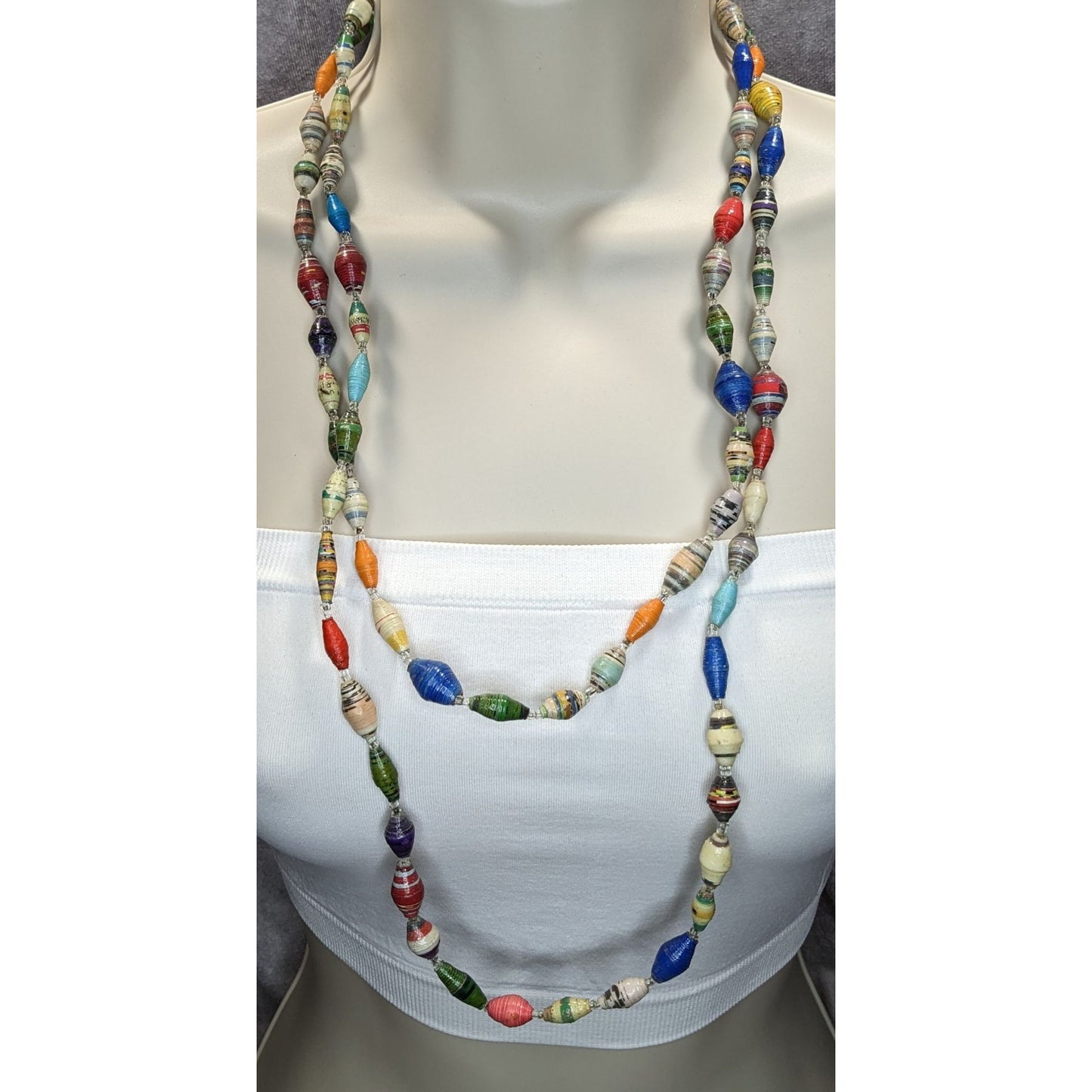 Vintage Handmade Paper Bead Necklace Rainbow Casual Statement Jewelry