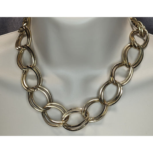 Glam Chunky Gold Tone Oval Link Statement Chain Necklace Textured Retro Luxe