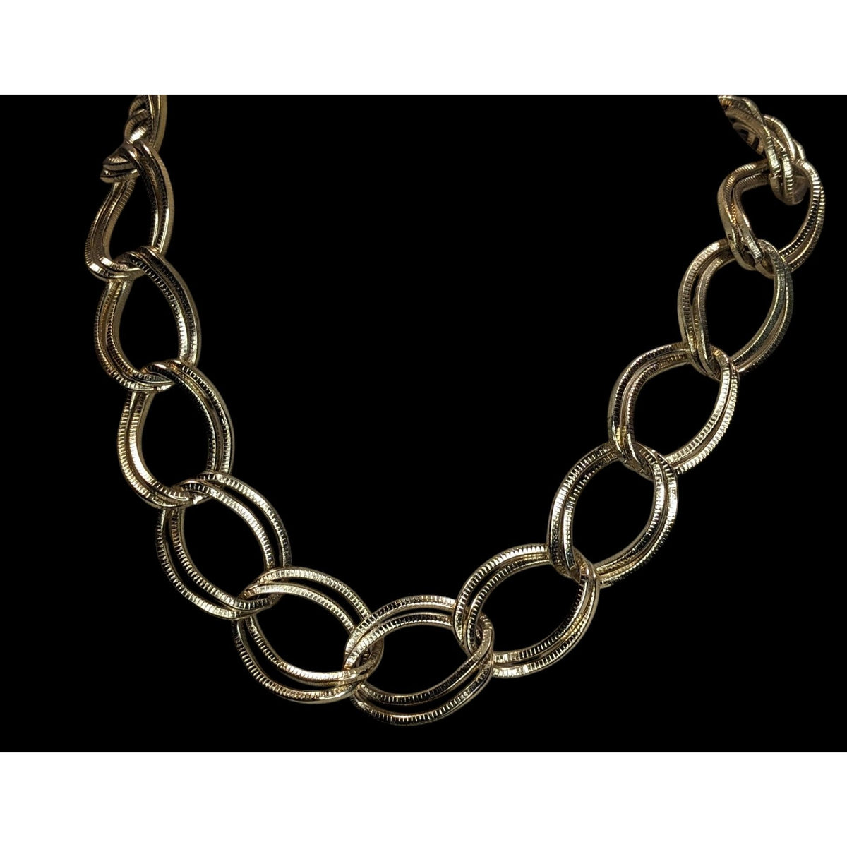 Glam Chunky Gold Tone Oval Link Statement Chain Necklace Textured Retro Luxe