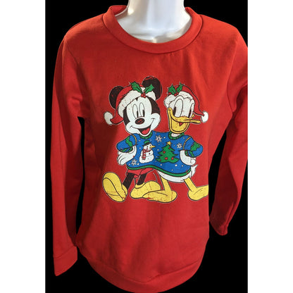 Disney Mickey Donald Holiday Sweatshirt Red Christmas Distressed Graphic Pullover