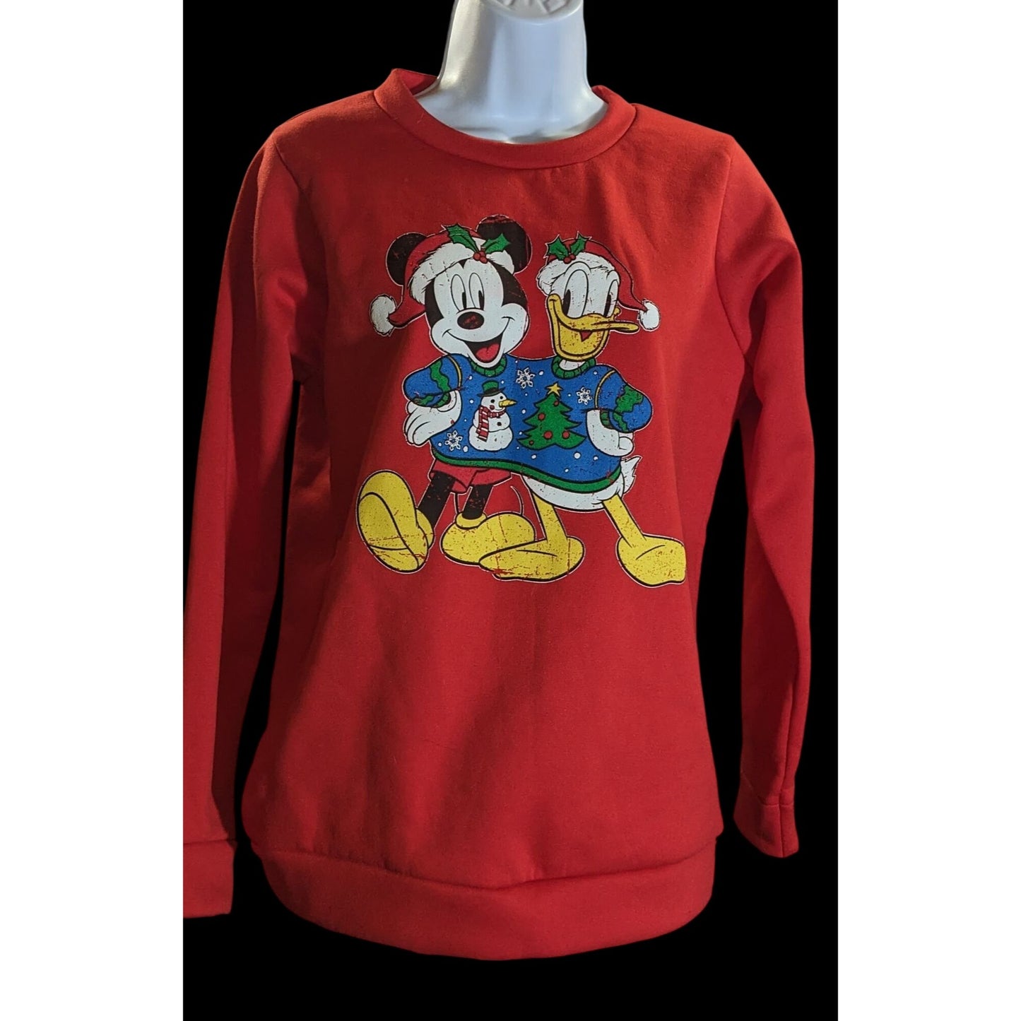 Disney Mickey Donald Holiday Sweatshirt Red Christmas Distressed Graphic Pullover