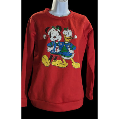 Disney Mickey Donald Holiday Sweatshirt Red Christmas Distressed Graphic Pullover