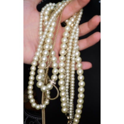 Multilayer Hollywood Glam Faux Pearl And Gold Tone Chain Necklace