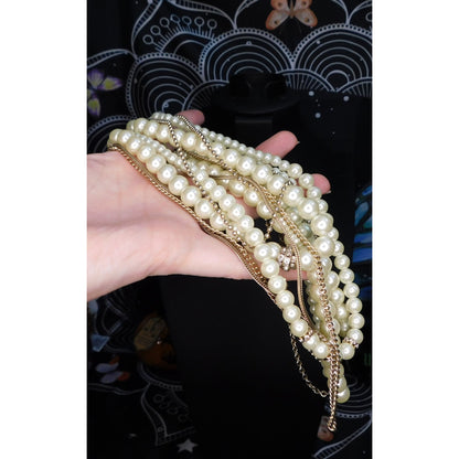 Multilayer Hollywood Glam Faux Pearl And Gold Tone Chain Necklace