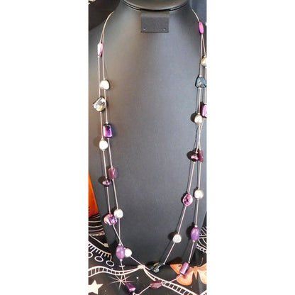 Elegant Layered Purple And Silver Tone Station Necklace