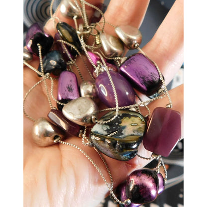 Elegant Layered Purple And Silver Tone Station Necklace