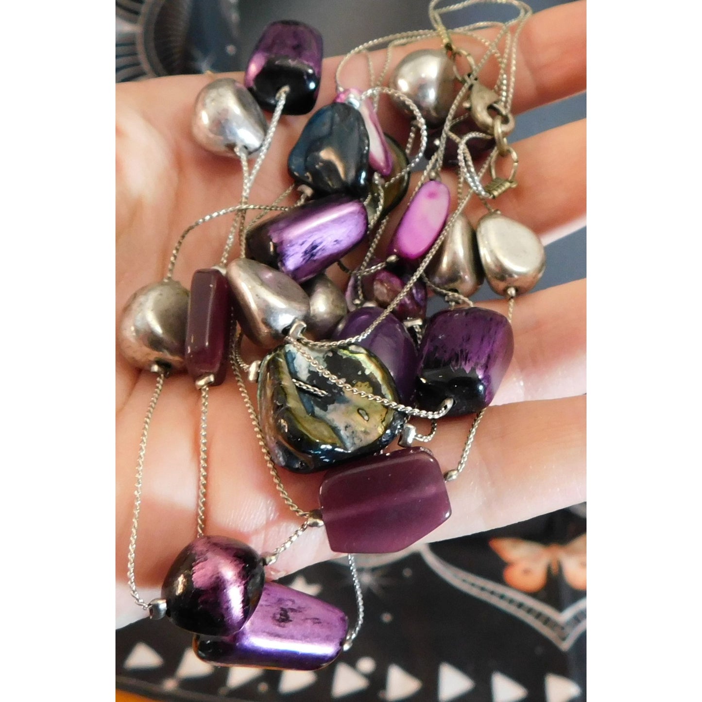 Elegant Layered Purple And Silver Tone Station Necklace