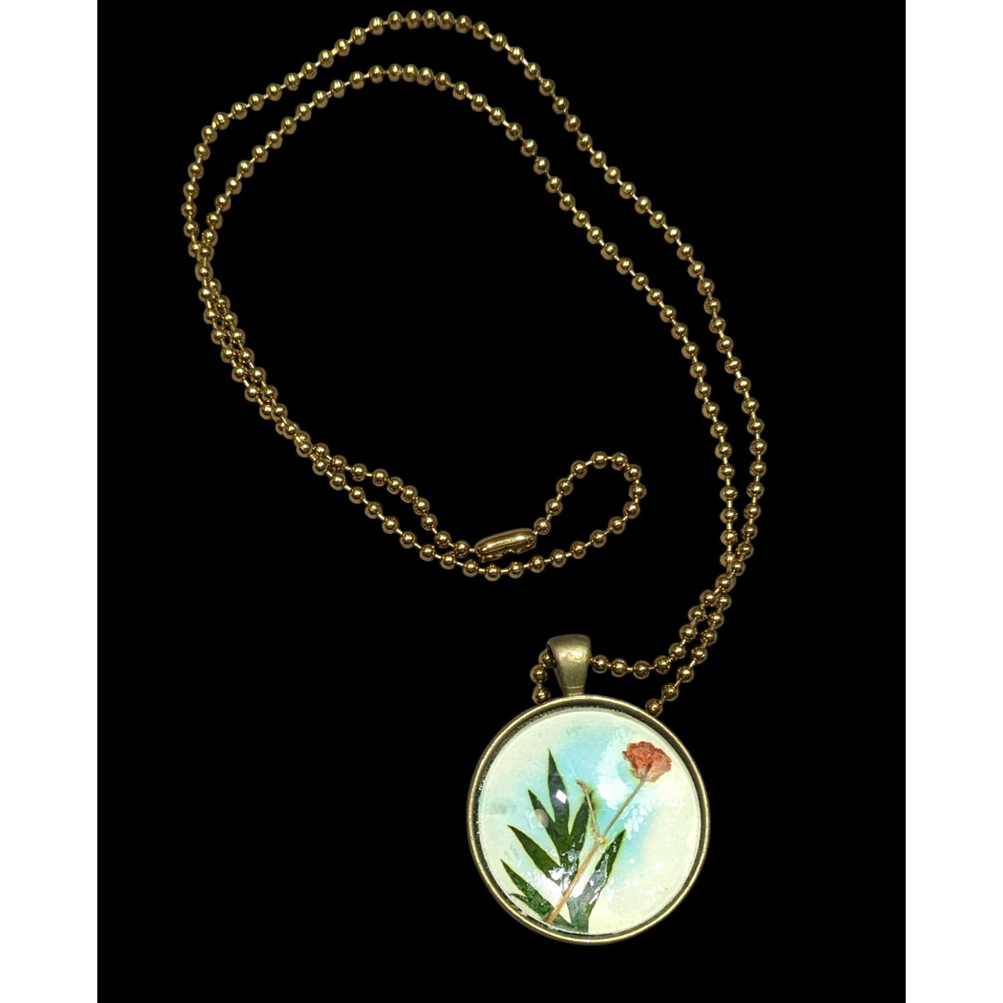 Painted Flower Pendant Necklace With Glass Dome & Gold-Tone Ball Chain