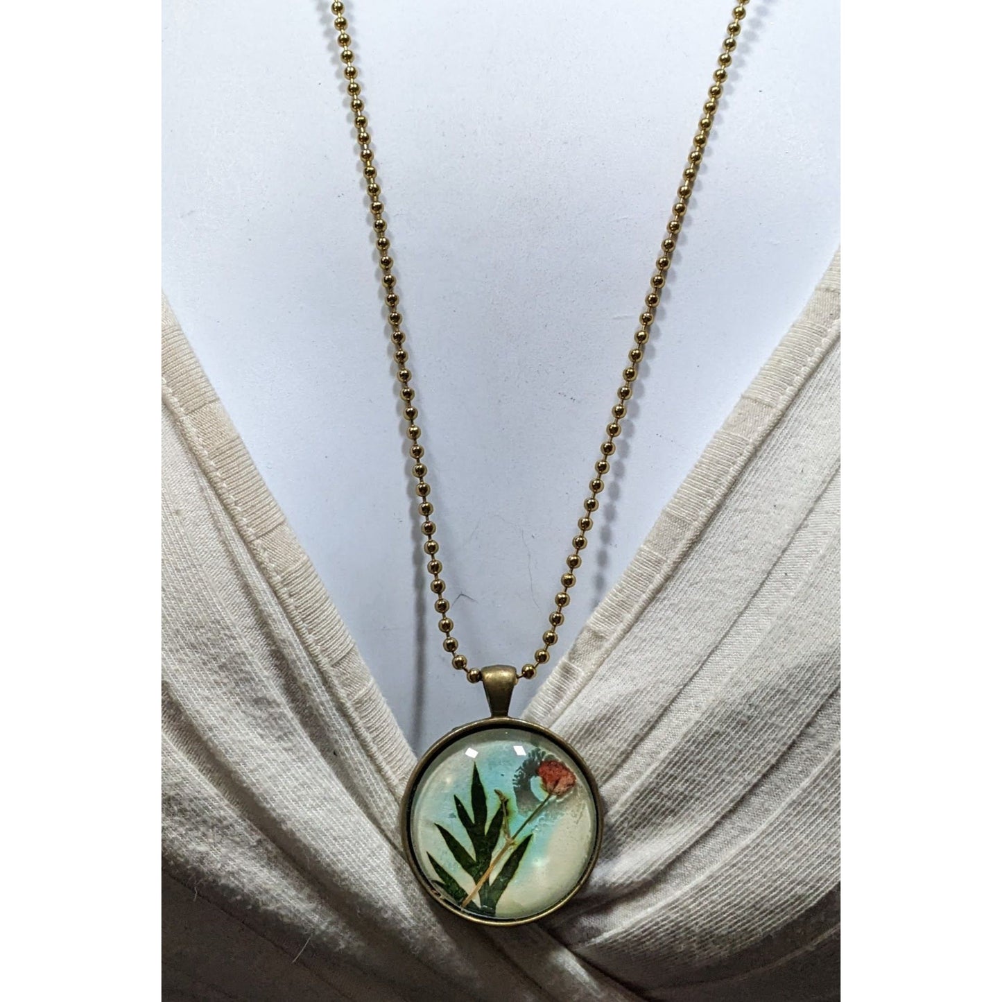 Painted Flower Pendant Necklace With Glass Dome & Gold-Tone Ball Chain