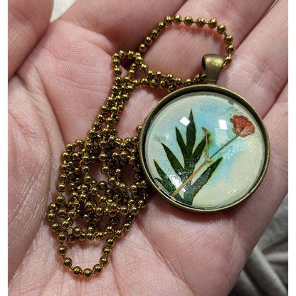 Painted Flower Pendant Necklace With Glass Dome & Gold-Tone Ball Chain