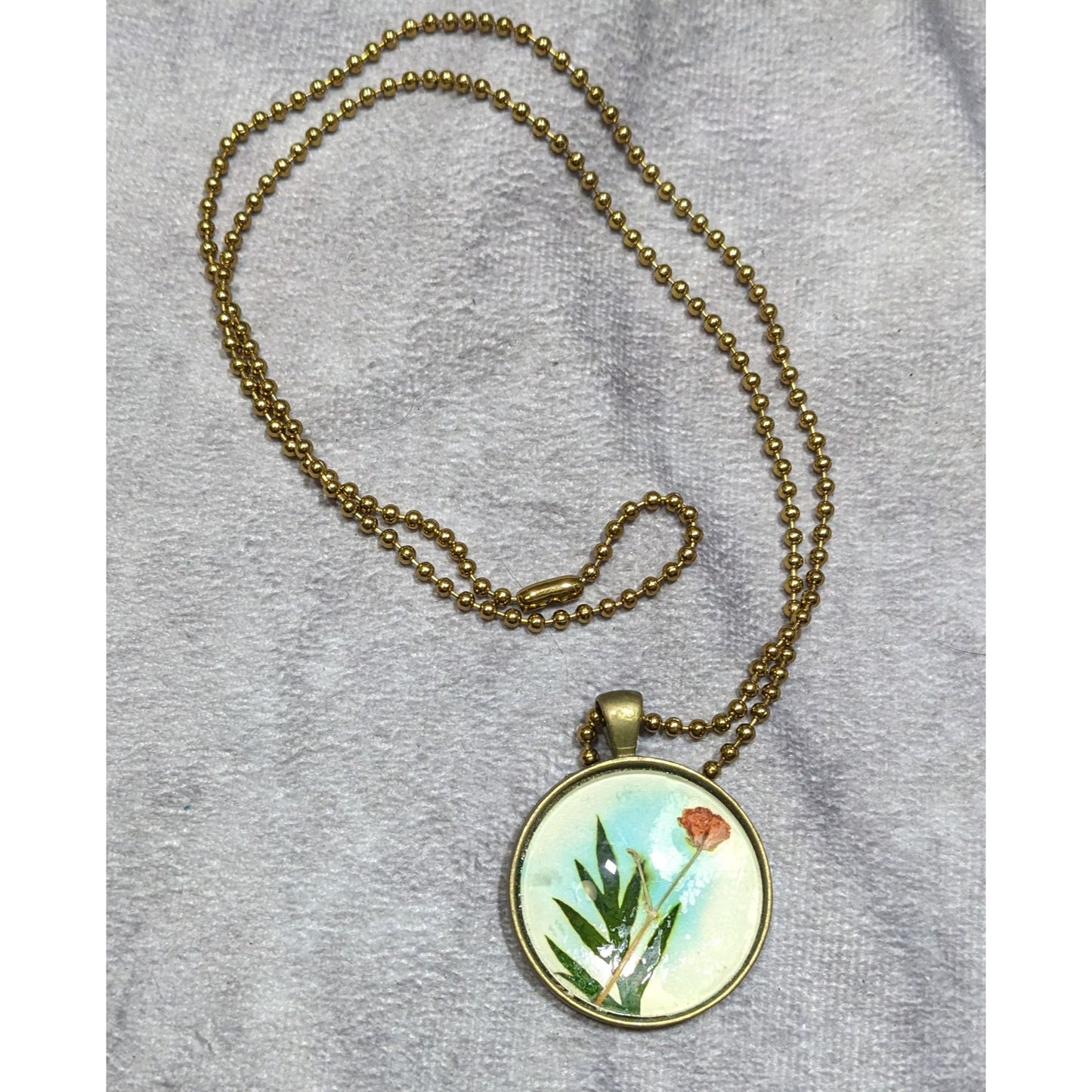 Painted Flower Pendant Necklace With Glass Dome & Gold-Tone Ball Chain