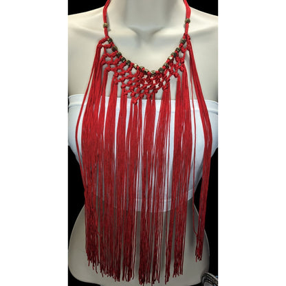 Boho Festival Fringe Red Macrame Statement Bib Necklace Gold Tone Beads