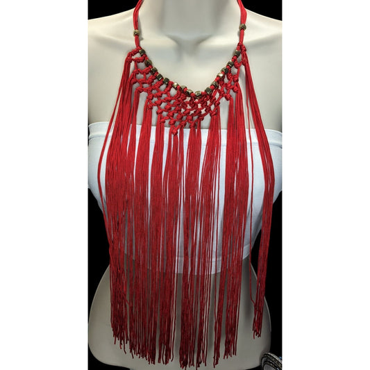 Boho Festival Fringe Red Macrame Statement Bib Necklace Gold Tone Beads