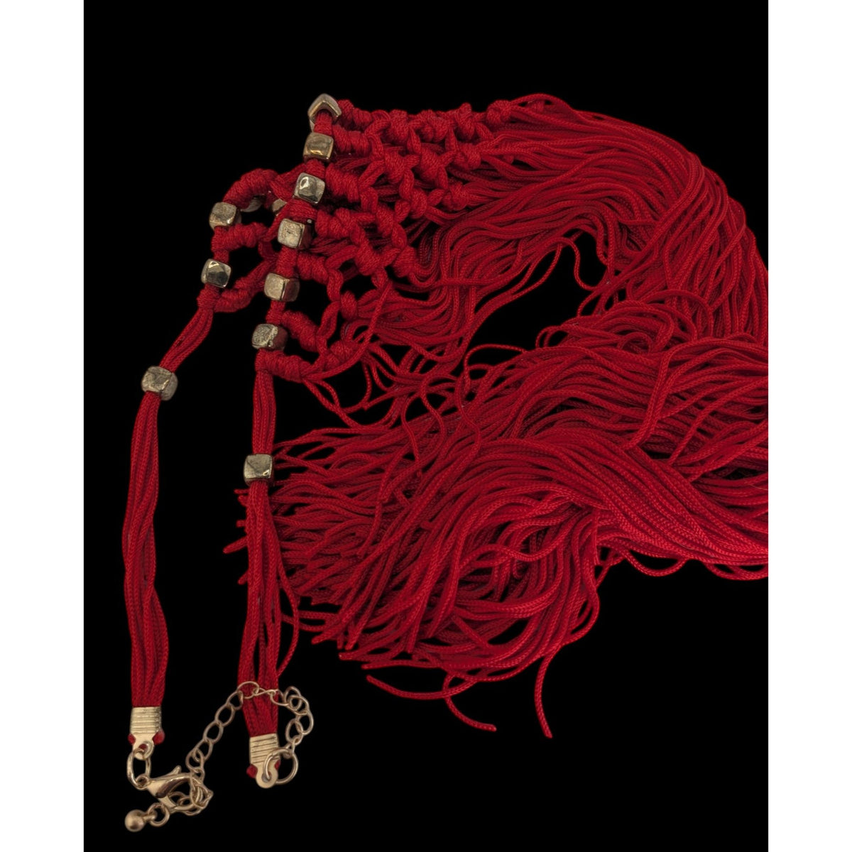 Boho Festival Fringe Red Macrame Statement Bib Necklace Gold Tone Beads