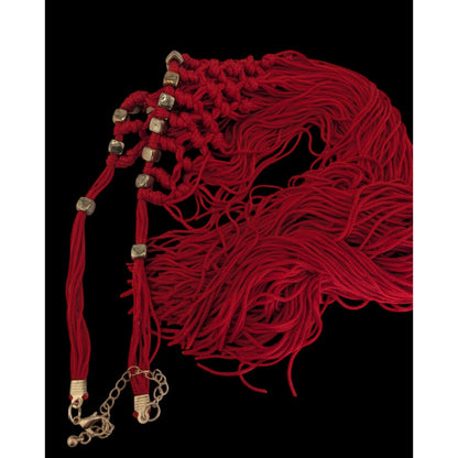 Boho Festival Fringe Red Macrame Statement Bib Necklace Gold Tone Beads