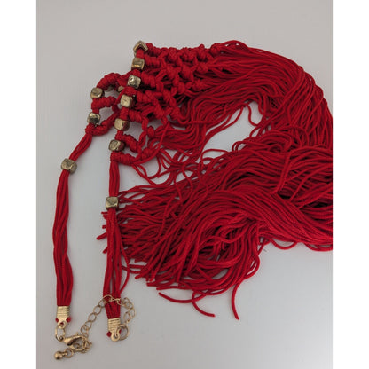 Boho Festival Fringe Red Macrame Statement Bib Necklace Gold Tone Beads