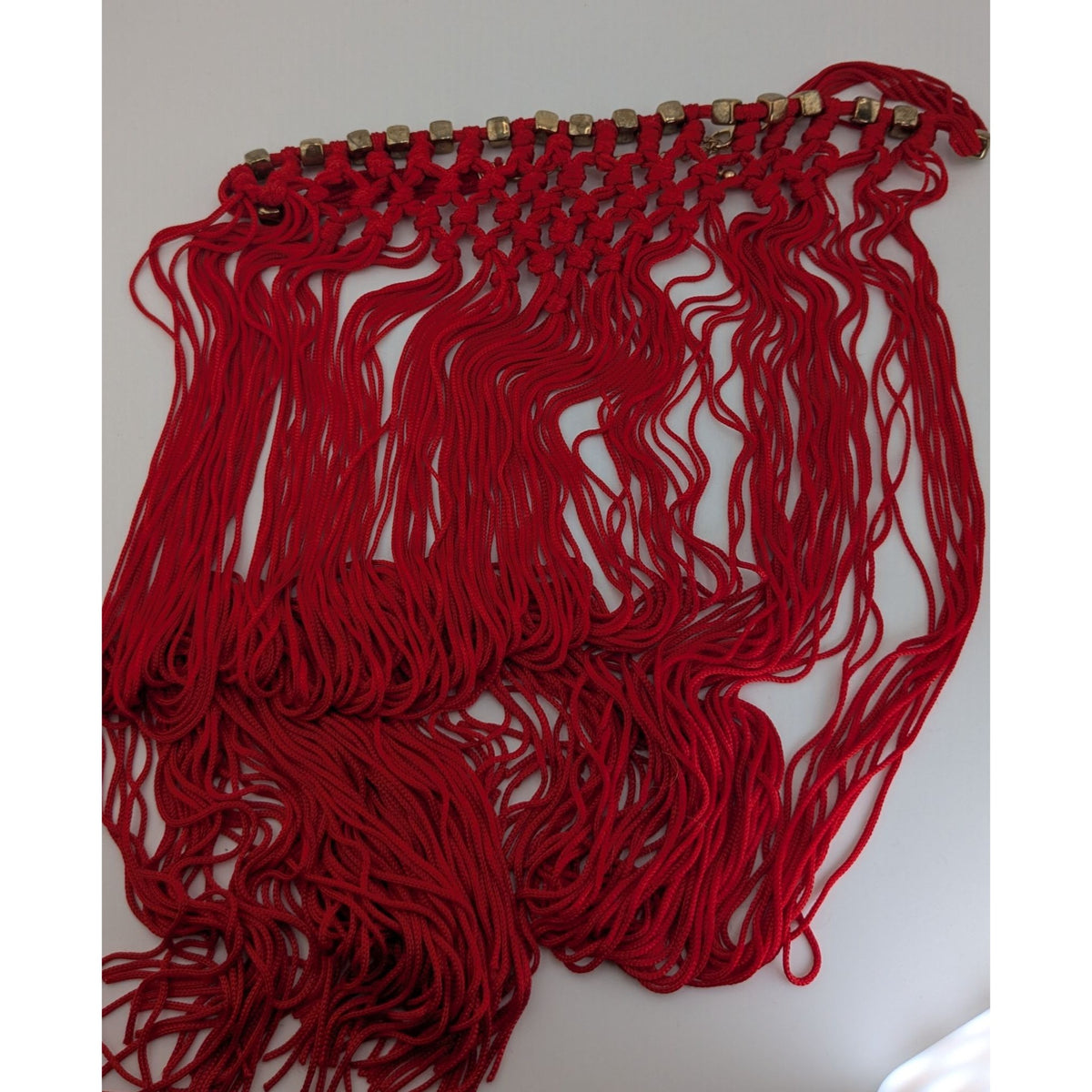 Boho Festival Fringe Red Macrame Statement Bib Necklace Gold Tone Beads