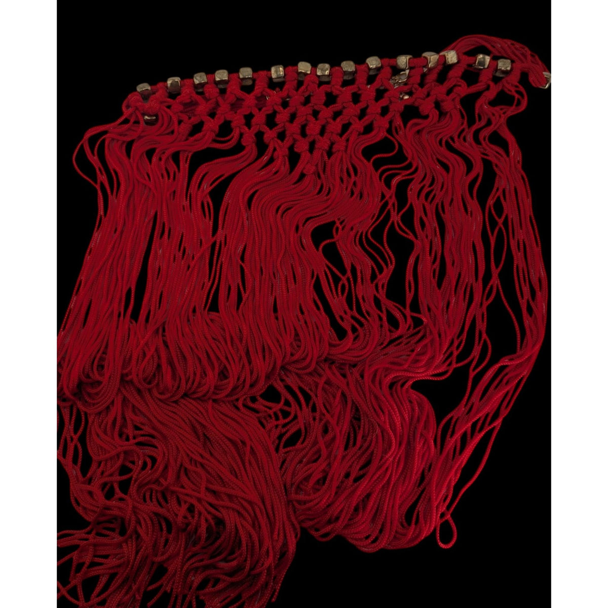 Boho Festival Fringe Red Macrame Statement Bib Necklace Gold Tone Beads