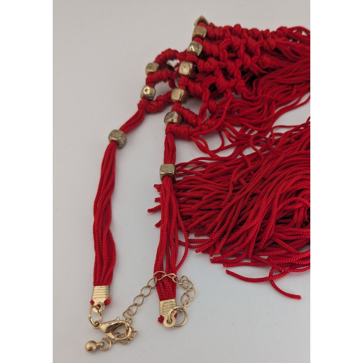 Boho Festival Fringe Red Macrame Statement Bib Necklace Gold Tone Beads