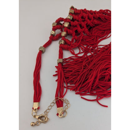 Boho Festival Fringe Red Macrame Statement Bib Necklace Gold Tone Beads