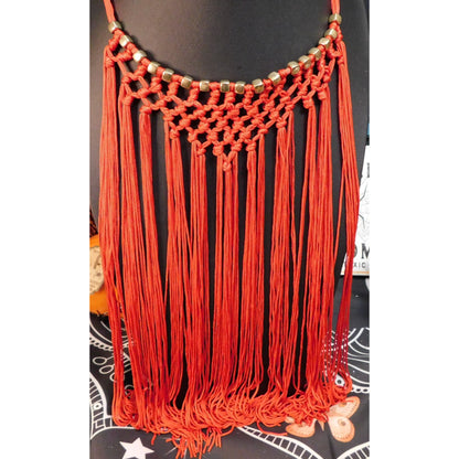 Boho Festival Fringe Red Macrame Statement Bib Necklace Gold Tone Beads