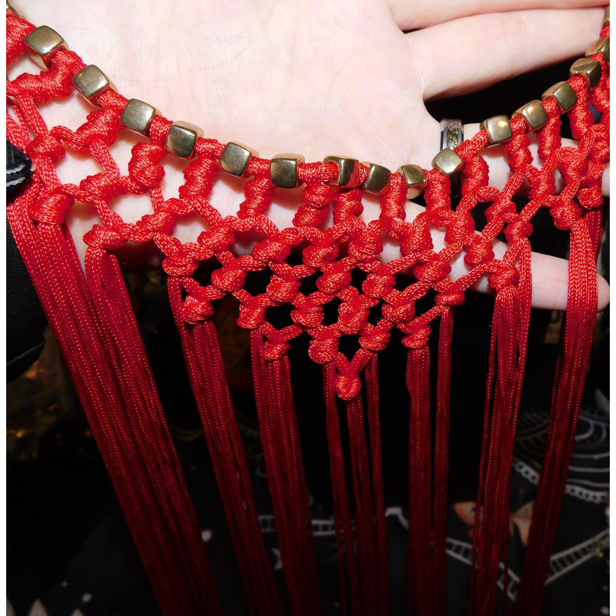 Boho Festival Fringe Red Macrame Statement Bib Necklace Gold Tone Beads