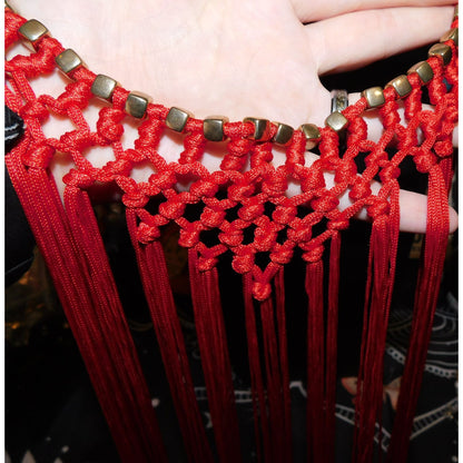 Boho Festival Fringe Red Macrame Statement Bib Necklace Gold Tone Beads