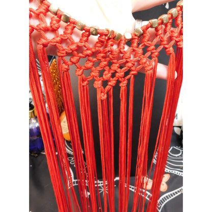 Boho Festival Fringe Red Macrame Statement Bib Necklace Gold Tone Beads