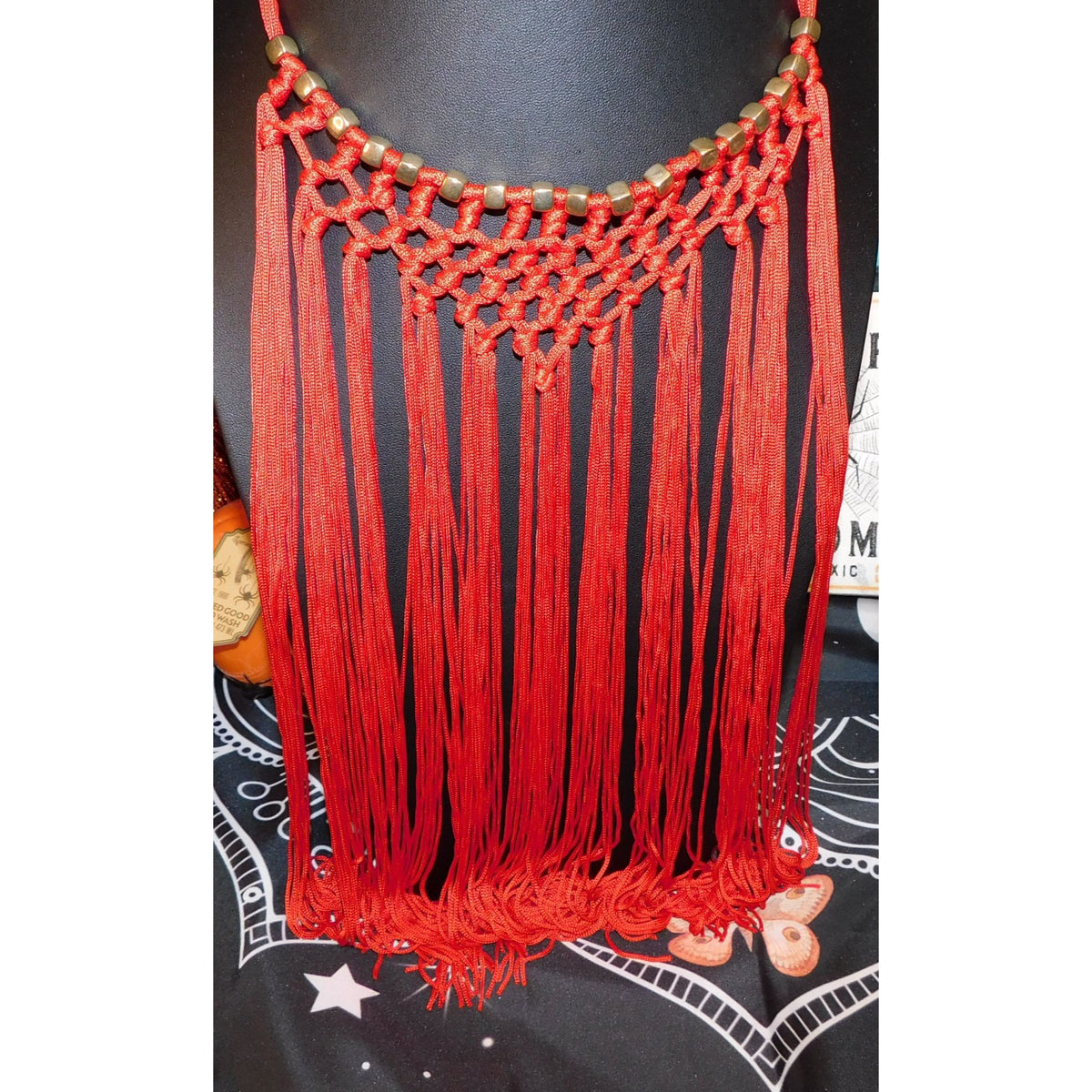 Boho Festival Fringe Red Macrame Statement Bib Necklace Gold Tone Beads