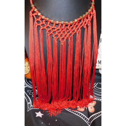 Boho Festival Fringe Red Macrame Statement Bib Necklace Gold Tone Beads