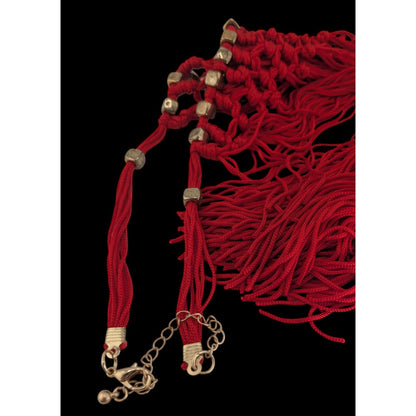 Boho Festival Fringe Red Macrame Statement Bib Necklace Gold Tone Beads