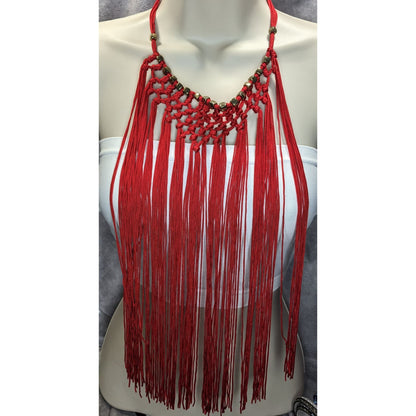 Boho Festival Fringe Red Macrame Statement Bib Necklace Gold Tone Beads