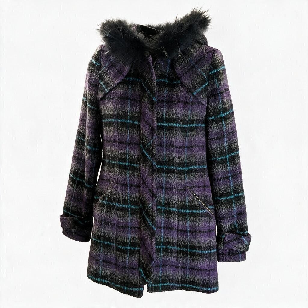 BearTwo Purple Plaid Faux Fur Hooded Coat Womens EU 38 Medium Gothic Grunge