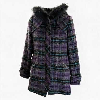 BearTwo Purple Plaid Faux Fur Hooded Coat Womens EU 38 Medium Gothic Grunge