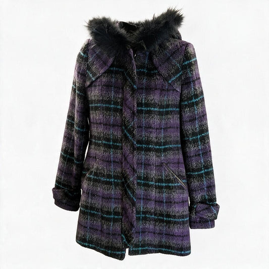 BearTwo Purple Plaid Faux Fur Hooded Coat Womens EU 38 Medium Gothic Grunge