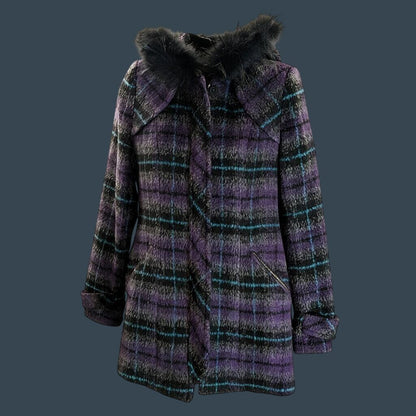 BearTwo Purple Plaid Faux Fur Hooded Coat Womens EU 38 Medium Gothic Grunge