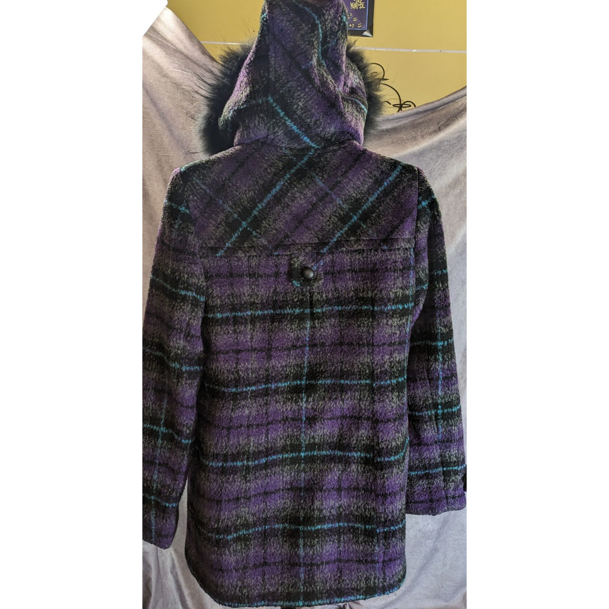 BearTwo Purple Plaid Faux Fur Hooded Coat Womens EU 38 Medium Gothic Grunge