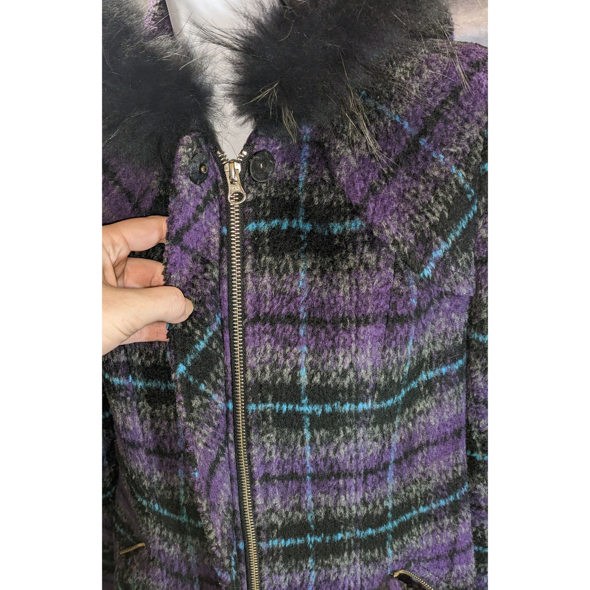 BearTwo Purple Plaid Faux Fur Hooded Coat Womens EU 38 Medium Gothic Grunge