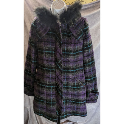 BearTwo Purple Plaid Faux Fur Hooded Coat Womens EU 38 Medium Gothic Grunge