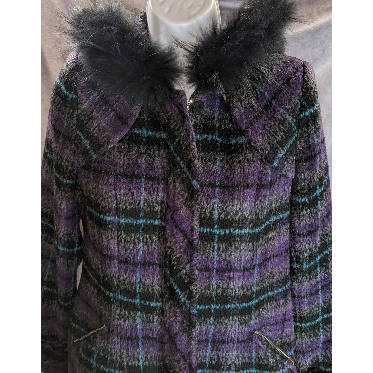 BearTwo Purple Plaid Faux Fur Hooded Coat Womens EU 38 Medium Gothic Grunge