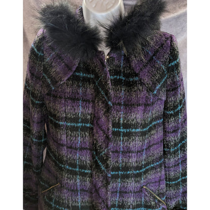 BearTwo Purple Plaid Faux Fur Hooded Coat Womens EU 38 Medium Gothic Grunge
