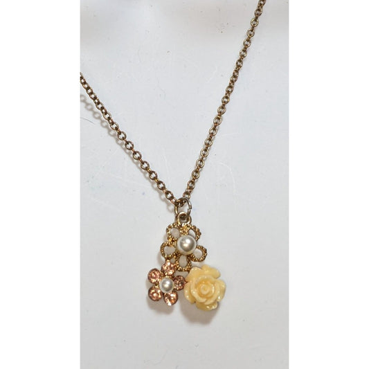 Whimsical Cottagecore Floral Pendant Necklace With Pearl & Resin Rose Charm