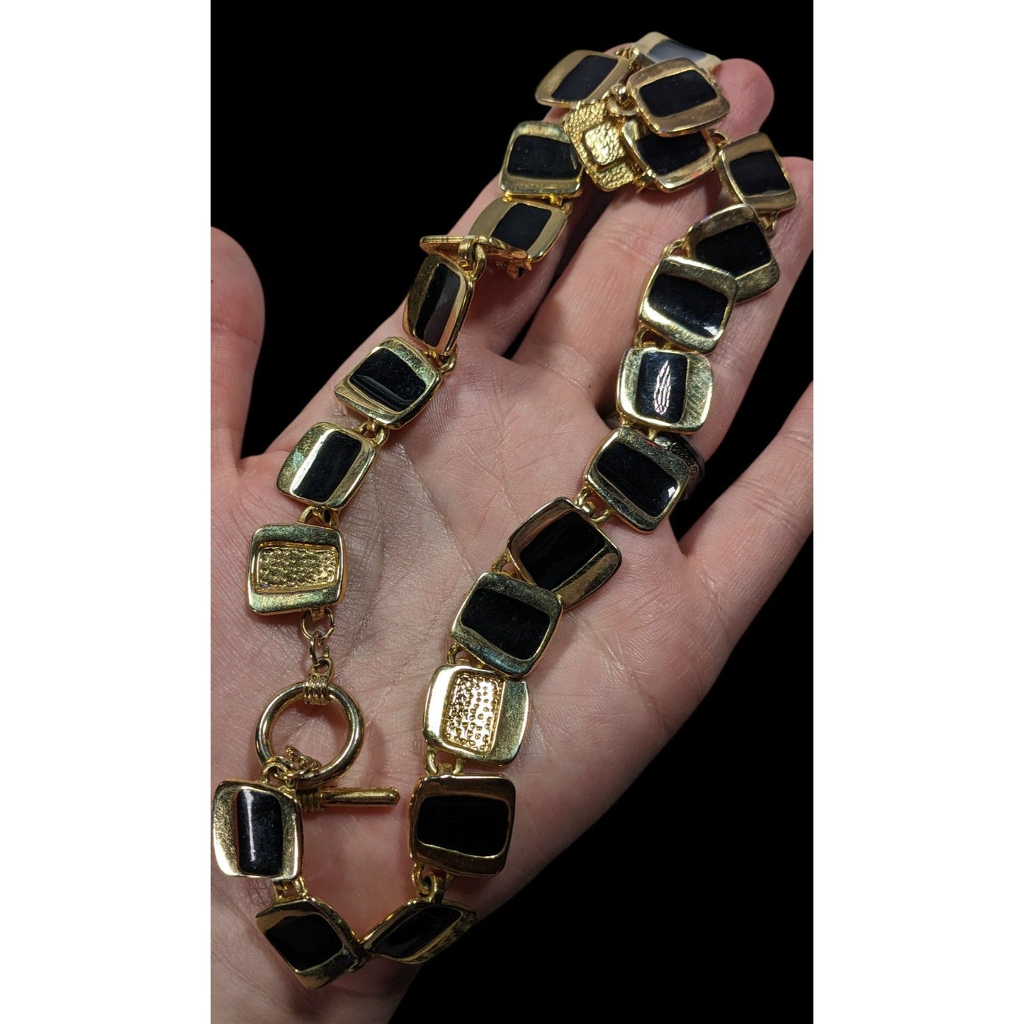 Modern Unique Gold Tone And Black Abstract Link Necklace